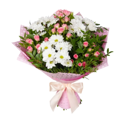 Букет «Волшебный сад» – гармония кустовых роз и белоснежных хризантем Чаплыгин Липецкая область