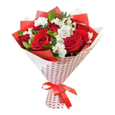 Букет из красных роз и белоснежных альстромерий – гармония страсти и нежности Чаплыгин Липецкая область