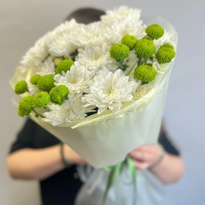 Эксклюзивный букет «Филин Грин» – сочетание белых и зеленых хризантем Чаплыгин Липецкая область
