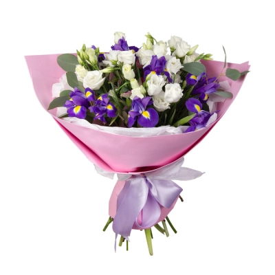 Букет «Подарок» – элегантная композиция из ирисов, эустом и эвкалипта Чаплыгин Липецкая область