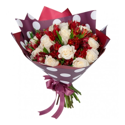 Букет из белых роз и красных альстромерий – гармония страсти и чистоты Чаплыгин Липецкая область