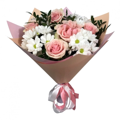 Букет из розовых роз и хризантем – нежность и долговечность Чаплыгин Липецкая область