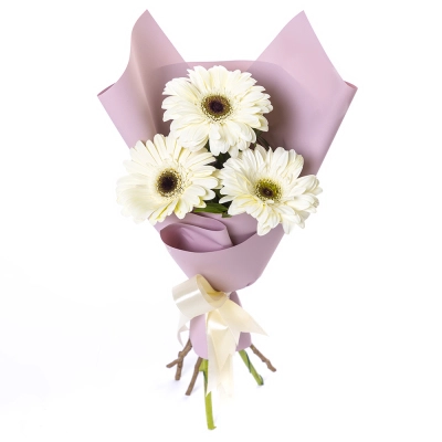 Нежный букет из 3 белых гербер – символ искренности и света Чаплыгин Липецкая область
