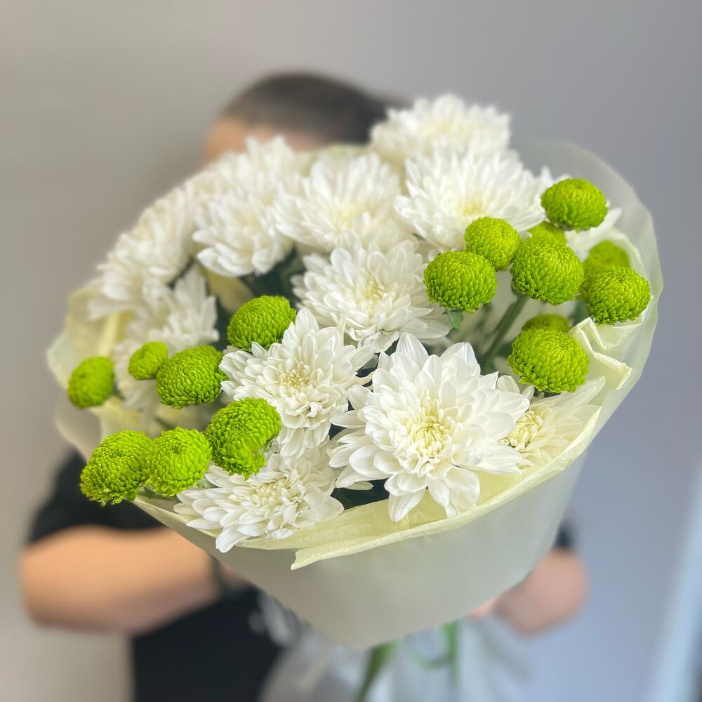 Эксклюзивный букет «Филин Грин» – сочетание белых и зеленых хризантем Чаплыгин Липецкая область