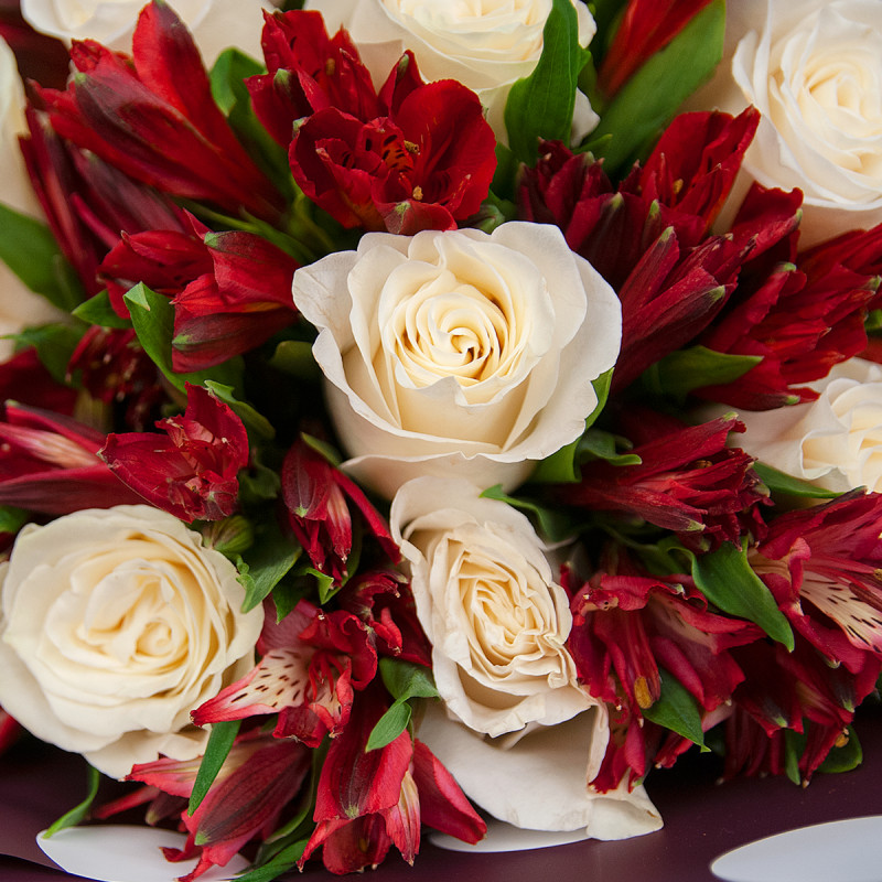 Букет из белых роз и красных альстромерий – гармония страсти и чистоты Чаплыгин Липецкая область